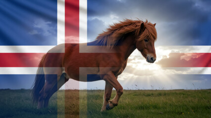 Icelandic horse galloping with national flag overlay in meadow. Symbol of Iceland nature, freedom and patriotism. Travel Iceland. National day of Iceland, June 17.