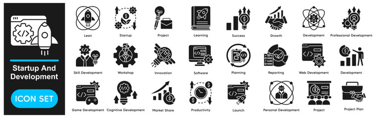 Startup And Development Vector Icons Collection related to Business, Growth, Project, Innovation, Learning, Success