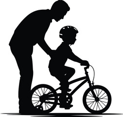 Fototapeta premium Father and Daughter Silhouette Vector Riding Bicycle.