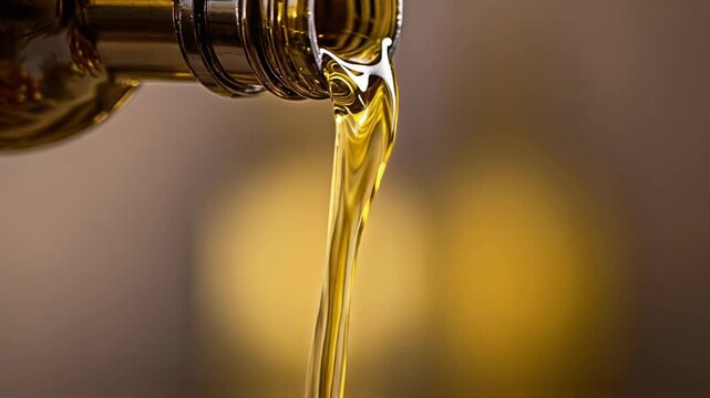 Close-up of golden virgin olive oil (cooking oil, sunflower oil, vegetable oil), pouring from dark glass bottle. Slow motion, healthy food