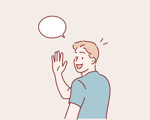 Smiling man Greeting with a Friendly Wave. Hand drawn style vector design illustrations.