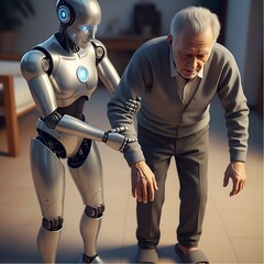 A humanoid robot gently helps a disabled elderly man walk, showing empathy, balance, and physical support in a close-up emotional scene.