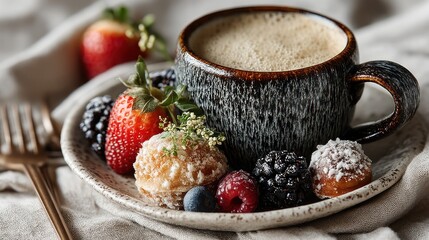 Coffee, berries, pastries, breakfast, table, calm, morning, food photography,  cozy