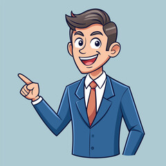 Business man pointing finger at something. Happy face. Hand drawn style vector design illustrations. 