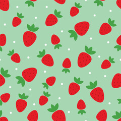 Seamless summer bright pattern with red strawberries on a light green background