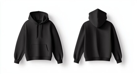 A long-sleeved, blank black male hoodie sweatshirt with a hood, isolated on white, serves as a template for your print design mockup, specifically tailored for sport and winter clothes for men