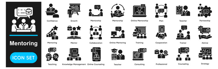 Mentoring Icons Collection related to Mentor, Mentorship, Guidance, Coaching, Support, Advice, Training, Learning, Teaching, Collaboration.
