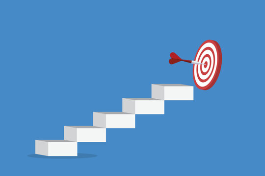 Goal, motivation to success. Climb up stairs to reach goal target on the top.