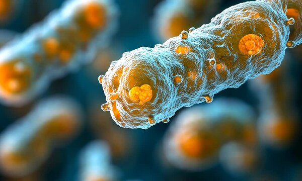 Close-up view of vibrant bacteria in a microscopic environment, showcasing cellular structures