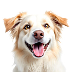 Close up portrait of a smiling dog with light fur and a pink tongue out