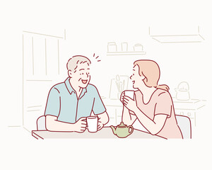 Senior father and Adult daughter Having Coffee and Talking. Hand drawn style vector design illustrations.