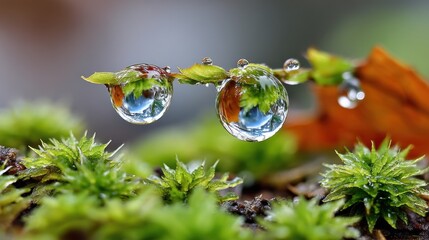 Dewdrop Reflections on Moss - Macro Nature Beauty and Delicate Ecosystem Wonders