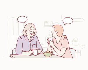 Senior Mother and Adult daughter Having Coffee and Talking. Hand drawn style vector design illustrations.