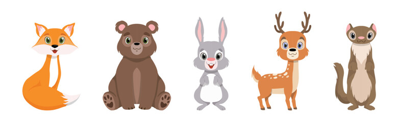 Funny Forest Animal and Woodland Fauna with Cute Snout Vector Set