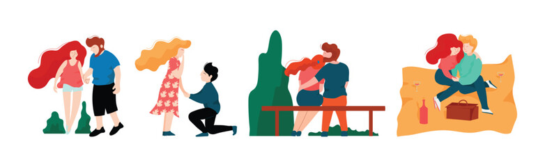 Man and Woman Couple Have Romantic Relationship Vector Set