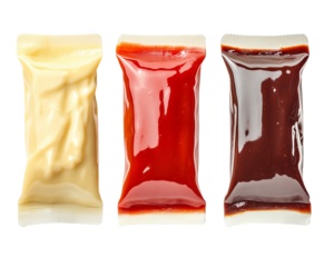 Three sauce packets ketchup mustard and chocolate