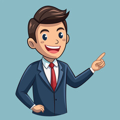 Business man pointing finger at something. Happy face. Hand drawn style vector design illustrations. 