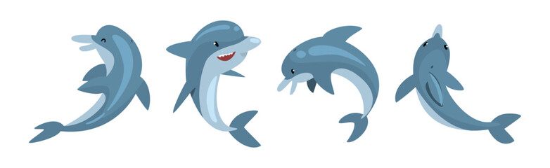 Funny Blue Dolphin Character in Different Pose Vector Set