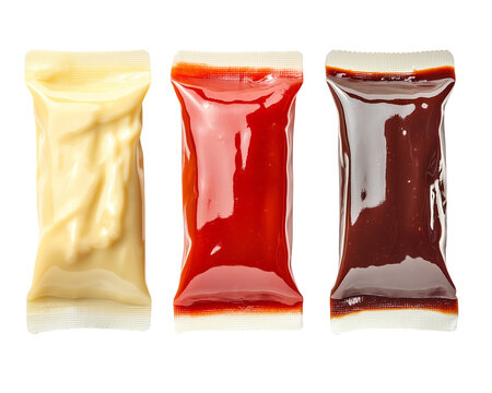 Three sauce packets ketchup mustard and chocolate