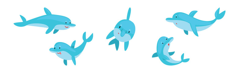 Funny Blue Dolphin Character in Different Pose Vector Set