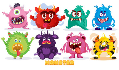 Monster Happy Halloween. Monster colorful 3d set. Cute kawaii cartoon scary funny baby character. Eyes, tongue, tooth fang, hands up. White background