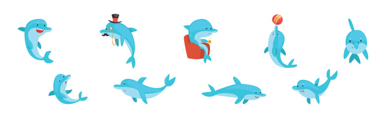 Funny Blue Dolphin Character in Different Pose Vector Set