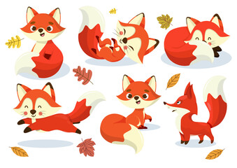 Fox Big set isolated animals. Vector collection funny animals. Cute animals: forest, farm, domestic, polar in cartoon style. Giraffe, elephant, crab, rabbit, fox 