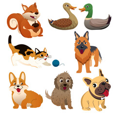 Big set isolated animals. Vector collection funny animals. Cute animals: forest, farm, domestic, polar in cartoon style. Giraffe, elephant, crab, rabbit, fox 