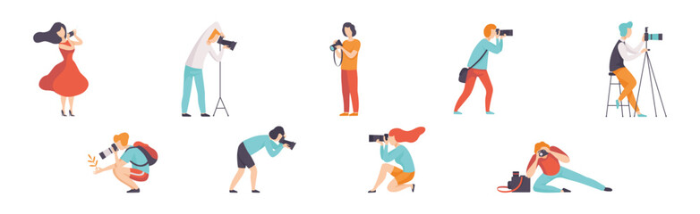 Man and Woman Photographer Character Taking Photos Using Professional Equipment Vector Set