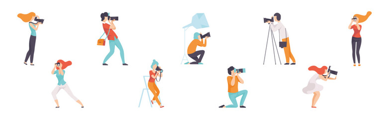 Man and Woman Photographer Character Taking Photos Using Professional Equipment Vector Set