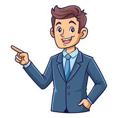 Business man pointing finger at something. Happy face. Hand drawn style vector design illustrations. 