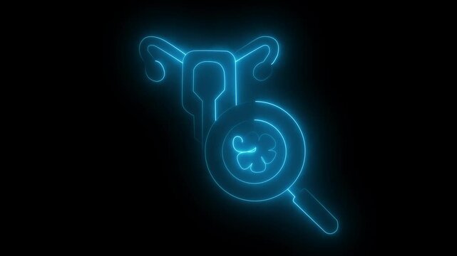 A neon blue T-shaped symbol with a smiling face inside a magnifying glass, glowing against a dark background