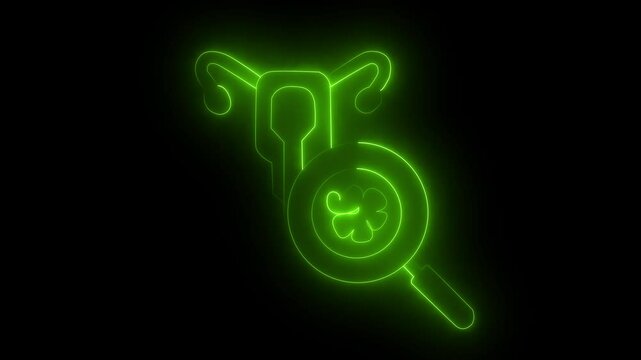 A neon green T-shaped symbol with a smiling face inside a magnifying glass, glowing against a dark background