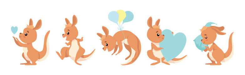 Funny Brown Kangaroo Cub Australian Animal Character in Different Pose Vector Set