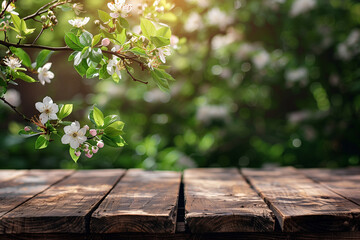 White cherry blossoms and green leaves framing wooden table. Outdoor springtime nature scene with bokeh background. Place for text. Spring season and nature concept, generative ai