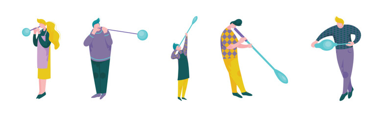 Fototapeta premium People Characters Glass Blower Inflating Molten Glass into Bubble Vector Set