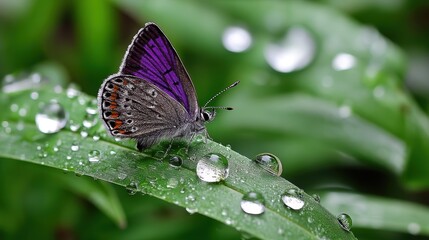 Obraz premium Dewdrop-Kissed Violet Butterfly Perches on Vibrant Green Leaf