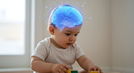 Baby child with glowing brain illustration. Concept of child brain development, intellectual growth, and early learning.