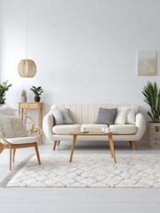 Modern minimalist living room featuring a cozy sofa, stylish decor, and lush indoor plants