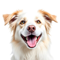 A close up of a happy dog with white and tan fur smiling with its tongue out