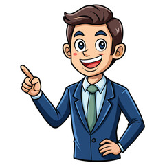 Business man pointing finger at something. Happy face. Hand drawn style vector design illustrations. 