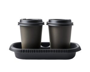 Two black coffee cups in a black carrier
