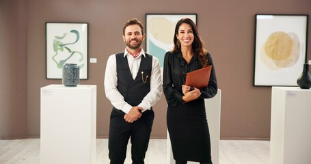 Teamwork, business people and portrait with smile for exhibition, event and gallery opening with confidence. Collaboration, man and woman as art directors for museum, creative project and file