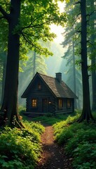 Secluded forest cabin nestled amongst towering trees, sunlight dappling through leaves onto rustic wooden walls Perfect for fairytale, wilderness, and nature themes , cabin, building