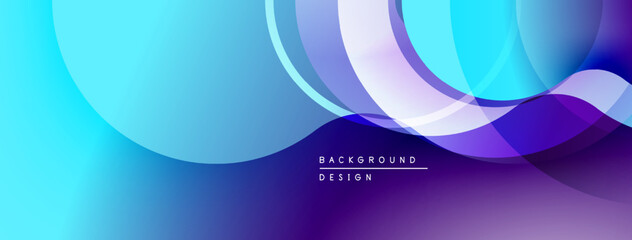 Abstract background features flowing shapes, vibrant blue, purple gradients. Modern design elements create dynamic visual experience.