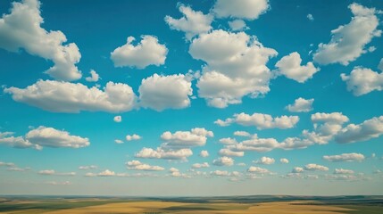 Obraz premium Vast Blue Sky with Fluffy Cumulus Clouds Over Golden Fields