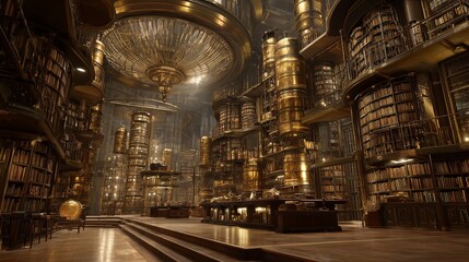Obraz premium A magnificent steampunk library filled with towering bookshelves, golden accents, and intricate details, illuminated by warm lighting.