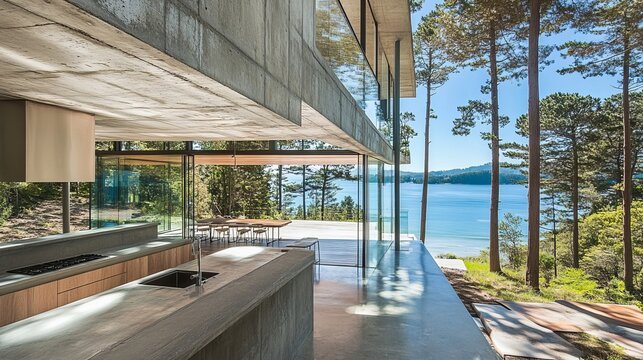Modern concrete house with lake view