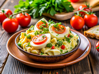 Rustic Egg Salad with Cherry Tomatoes. Fresh, Vibrant, and Healthy. Delicious food background
