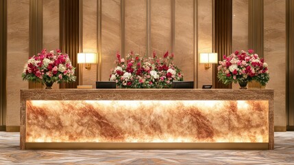 Elegant marble reception counter with gold accents, surrounded by warm lighting and flower arrangements in a luxury hotel lobby
